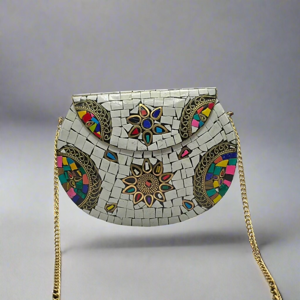 Mosaic Patterned Clutch with Gold Chain